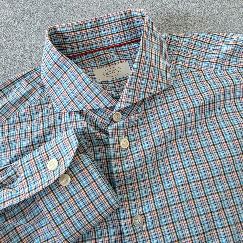 Eton Slim Fit Plaid Dress Shirt Mens 16.5 42 Blue Yellow Cotton 7649 73511 23